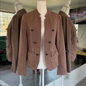 Free People Brown Double-Breasted Cotton Blazer